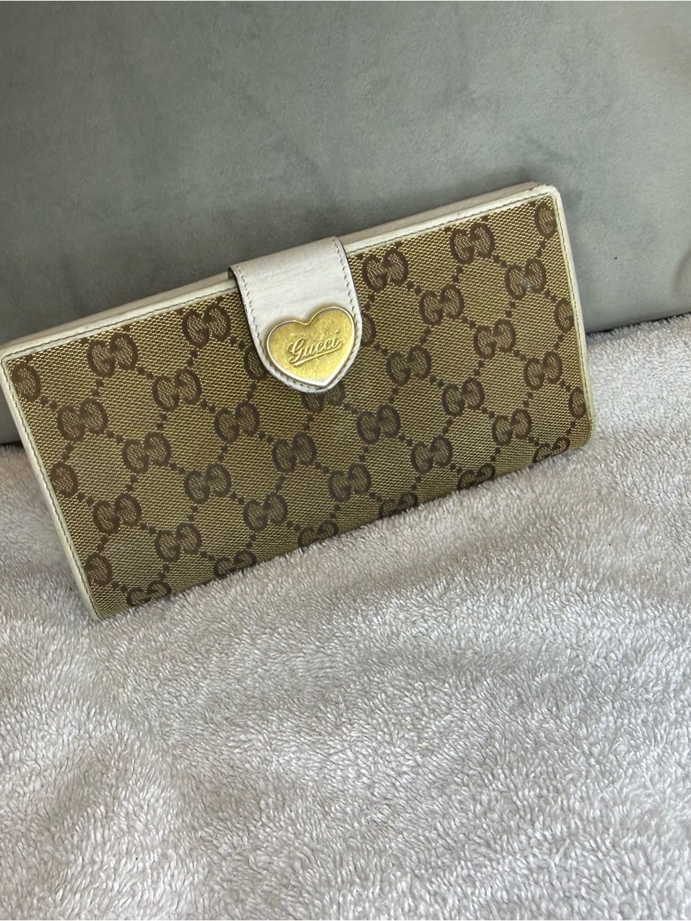Gucci Brown Monogram Continental Wallet with White Trim and Gold Heart Logo